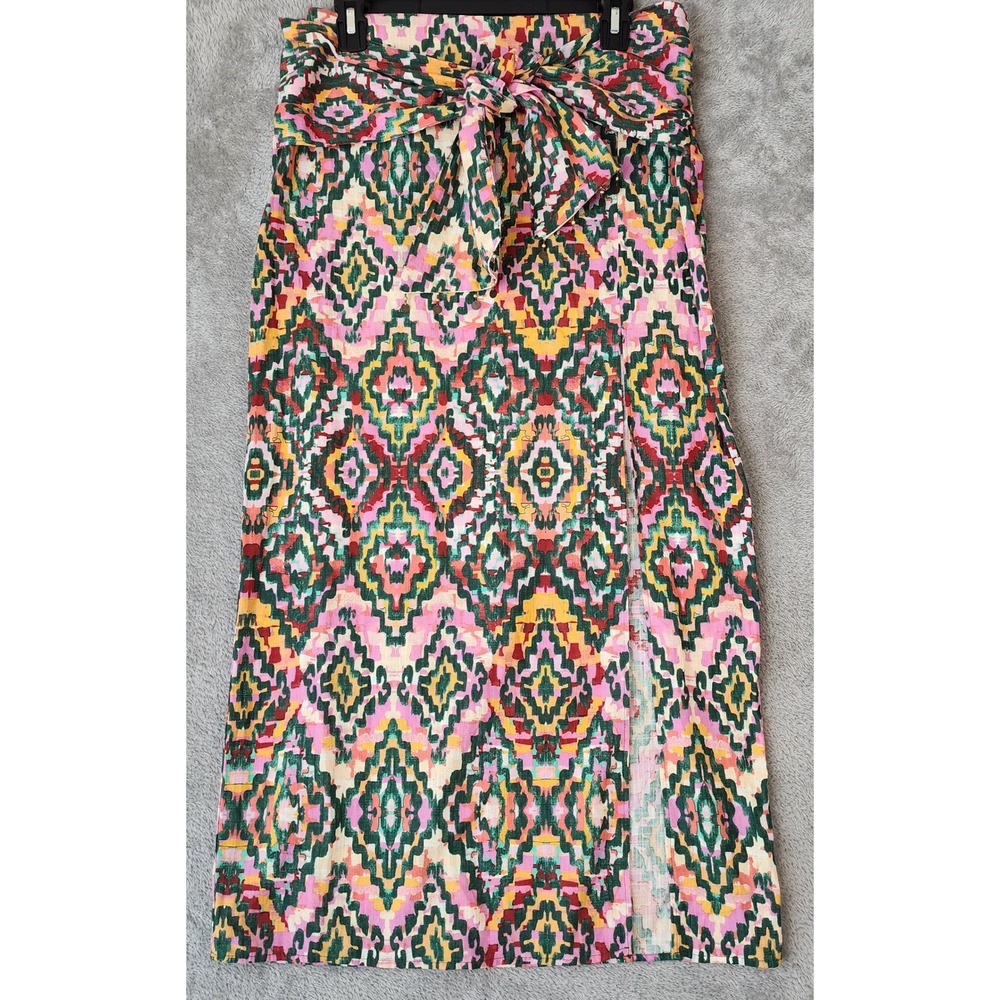 Zara Skirt Womens Small Multicolor Ikat Geometric Tie Waist Coin Charms Midi